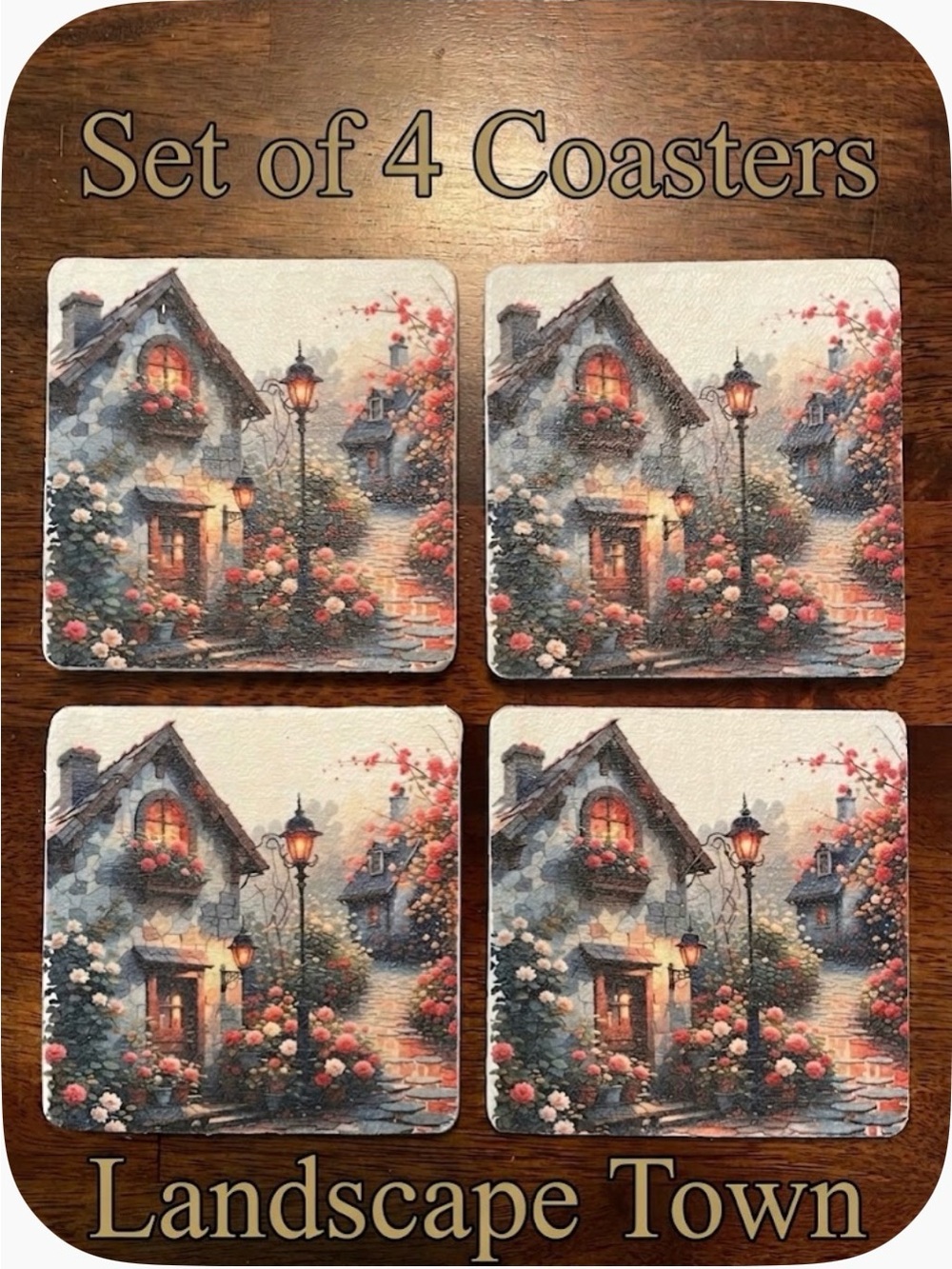 Handmade Landscape Town Design Coasters, Set of 4